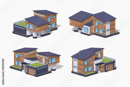 Contemporary american house. 3D lowpoly isometric vector illustration. The set of objects isolated against the white background and shown from different sides