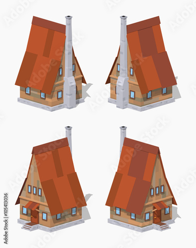 A-Frame wooden house. 3D lowpoly isometric vector illustration. The set of objects isolated against the white background and shown from different sides
