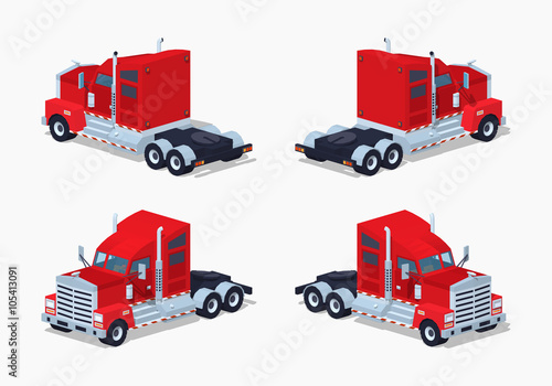Red heavy american truck. 3D lowpoly isometric vector illustration. The set of objects isolated against the white background and shown from different sides