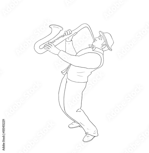 Saxophone player man on white background. Digital illustration, hand drawing.