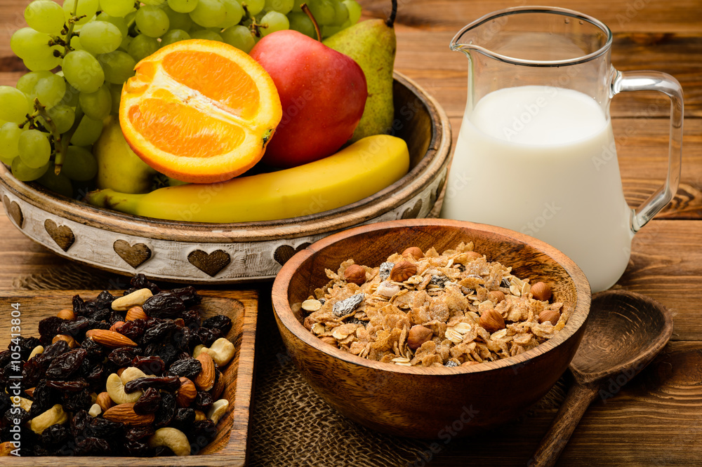 Healthy breakfast with muesli, milk, fresh fruits and nuts. Healthy breakfast with muesli, milk, fresh fruits and nuts.