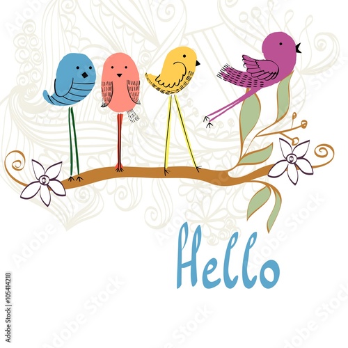 illustration with cartoon birds sitting on the branches