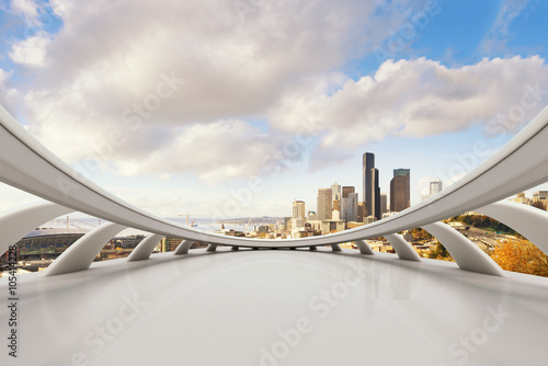 empty marble floor with cityscape and skyline of seattle