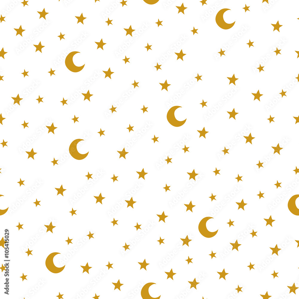 Seamless pattern with cartoon stars and moon on white background Stock