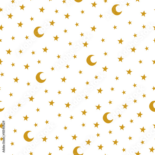 Seamless pattern with cartoon stars and moon on white background
