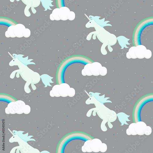 Cute blue unicorn child seamless vector pattern. Baby fabric design, grey surface textile for kid clothes, bed linen.