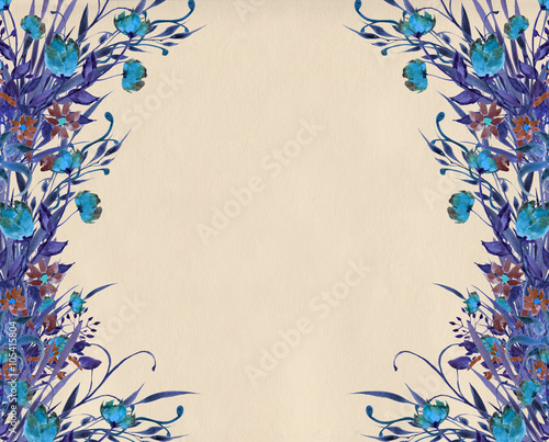 Hand drawn colorful floral frame illustration with dry leaves, flowers and grass, acrylic and watercolor on paper