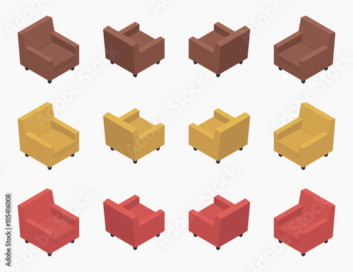 Set of the isometric modern colored armchairs. The objects are isolated against the white background and shown from different sides