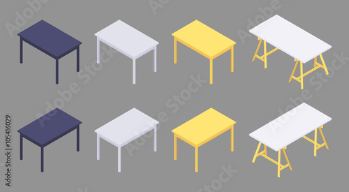 Set of the isometric colored tables. The objects are isolated against the grey background and shown from different sides