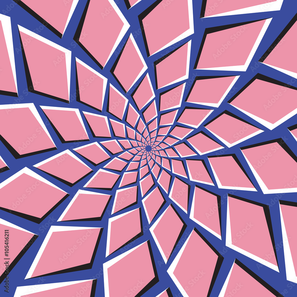 Optical illusion background. Pink quadrangles are moving around the center on blue background. Abstract background in form of rotating concentric web.