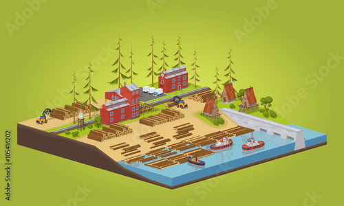 Lumber mill near the river. 3D lowpoly isometric vector concept illustration