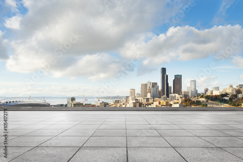 empty marble floor with cityscape and skyline of seattle