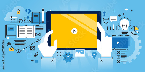 Flat line design website banner of online education, video tutorials, online training and courses. Modern vector illustration for web design, marketing and print material.