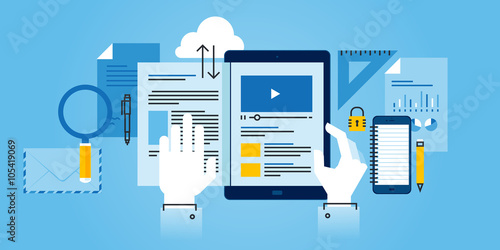 Flat line design website banner of e-learning. Modern vector illustration for web design, marketing and print material.