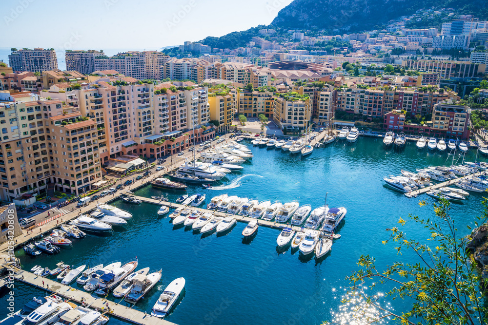 Obraz premium Monaco Montecarlo principality aerial view cityscape. Skyscrapers, mountains and marina. Azure coast. France, Europe.