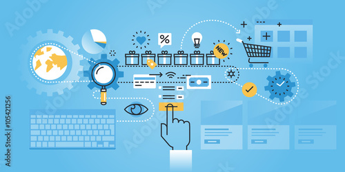 Flat line design website banner of online shopping procedure.
Modern vector illustration for web design, marketing and print material.
