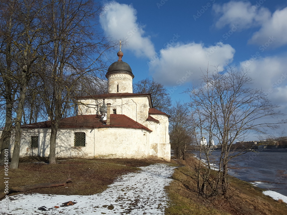 Church of St. Clement, Russia, Pskov city. The temple was built with limestone and lime mortar, plastered and whitewashed. Historical and cultural monument of the XV century