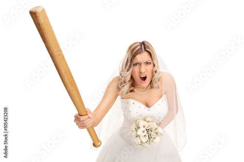 Stampa su tela Angry bride holding a baseball bat and yelling