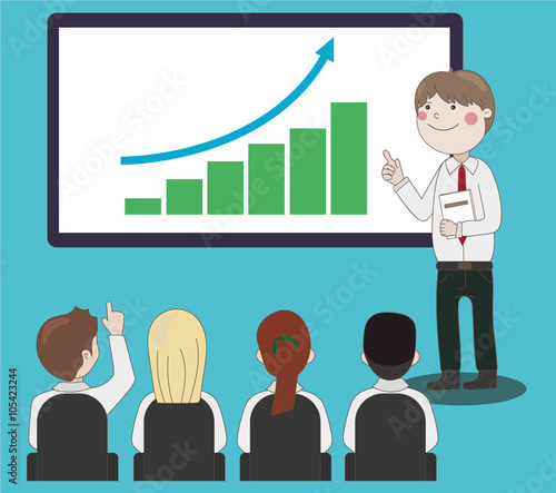 Public Speaker near projector, with the schedule businessman giving a speech to a crowd of people.