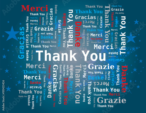Merci - Thank you - Danke - Grazie - Gracias / Nuage de Mots  5 Langues Fond Bleu Etoiles