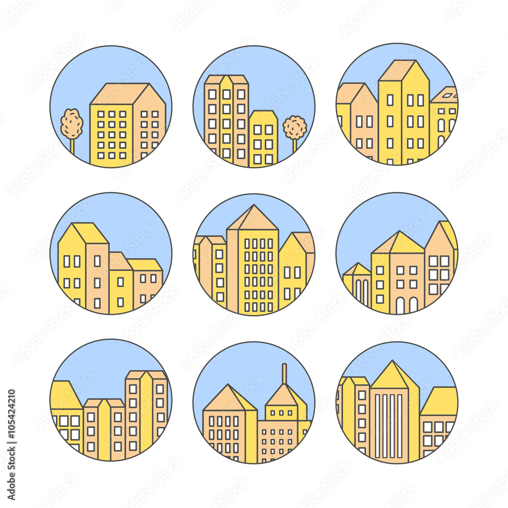 Linear city icons set for design and real estate