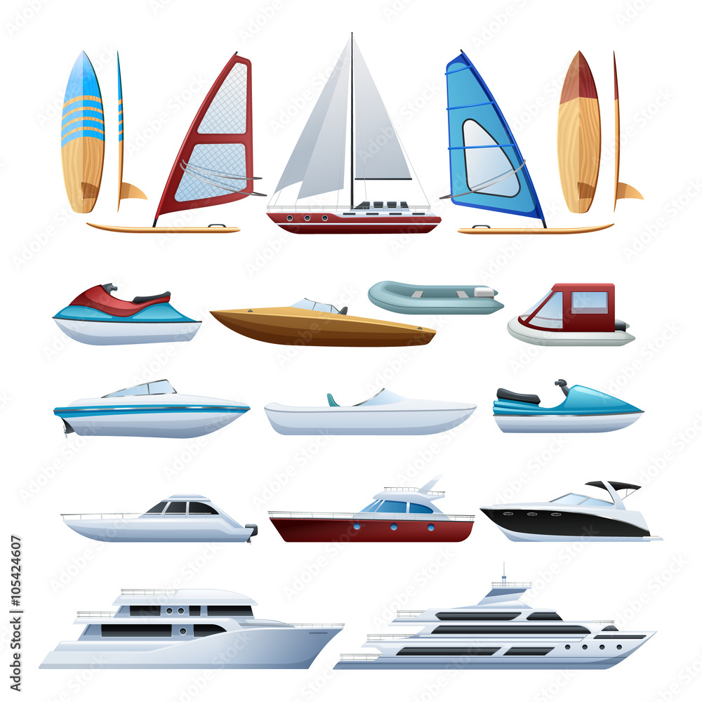 Fototapeta premium Boats And Windsurfer Flat Icons Set