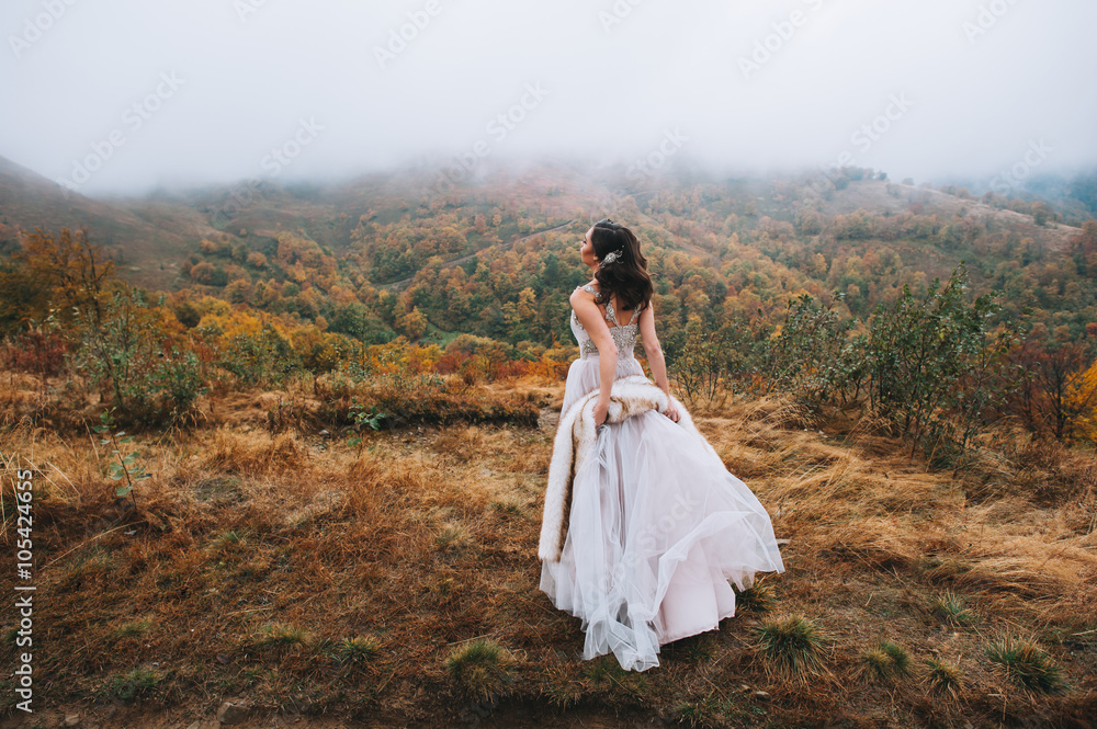 Beautiful bride posing in high mountain scenery