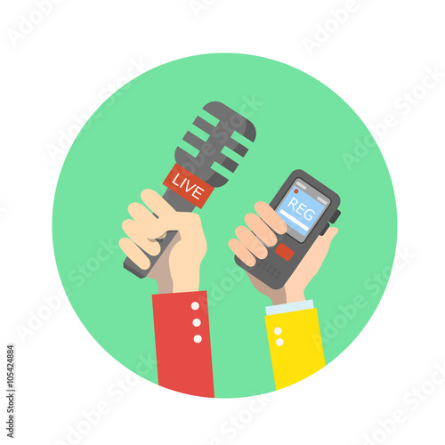 hand holding microphone. Live news. Press illustration.