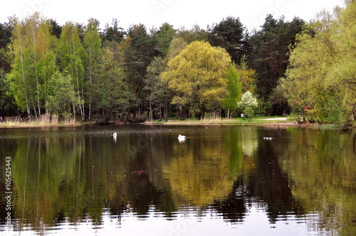 Picturesque landscape spring river with reflection