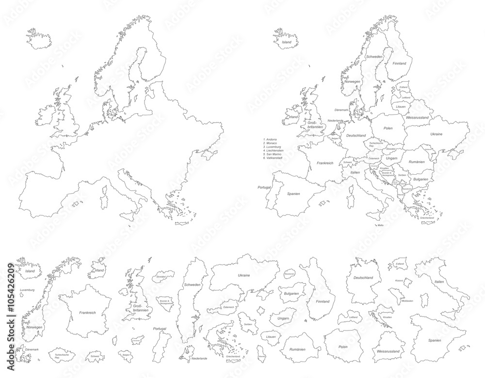 Naklejka premium Europa detaillierte Karten - Vektor in Weiß (beschriftet)