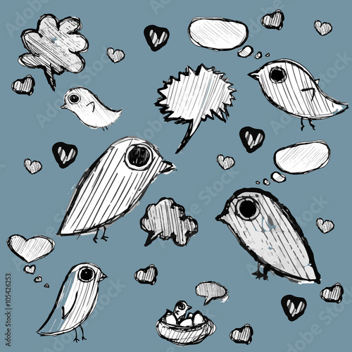  hand drawn cloud of thoughts and birds