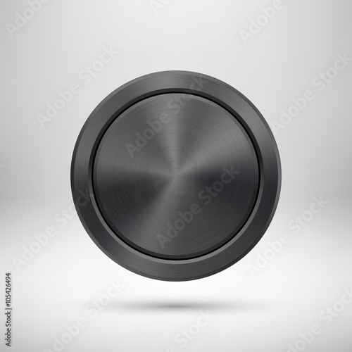 Black Abstract circle geometric badge, technology perforated button template with metal texture, chrome, silver, steel and realistic shadow for logo, design concepts, apps. Vector illustration.