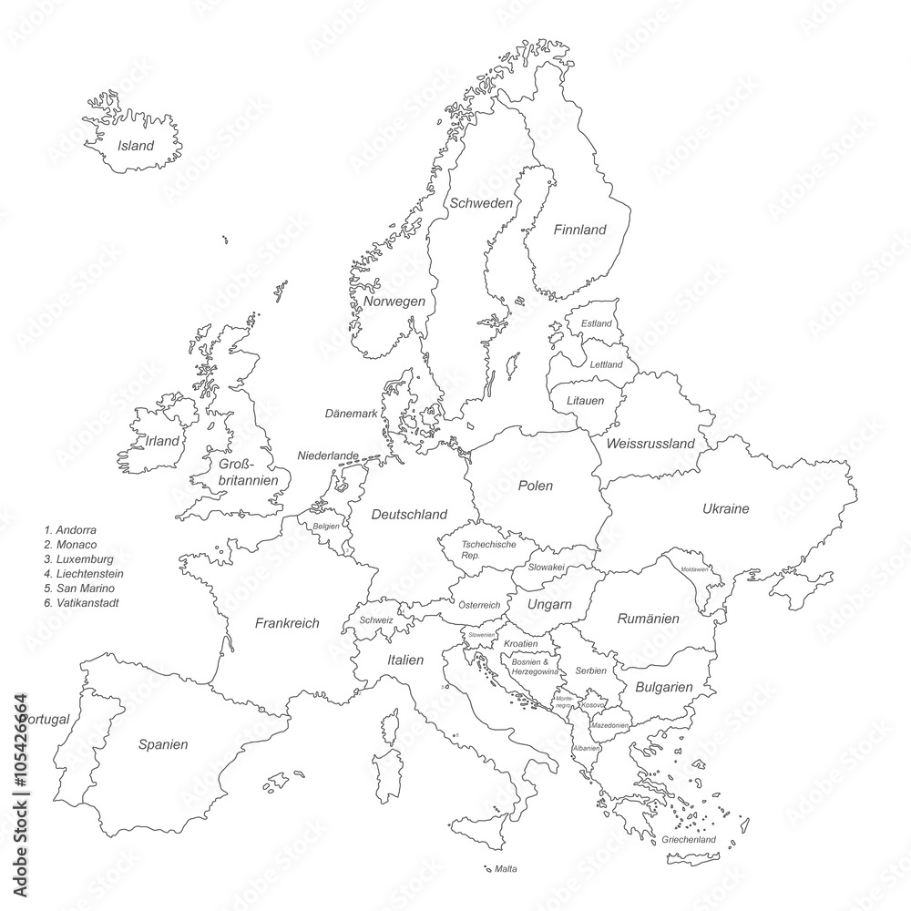 Fototapeta mapa świata dla dzieci Europa in Weiß (beschriftet) - Vektor