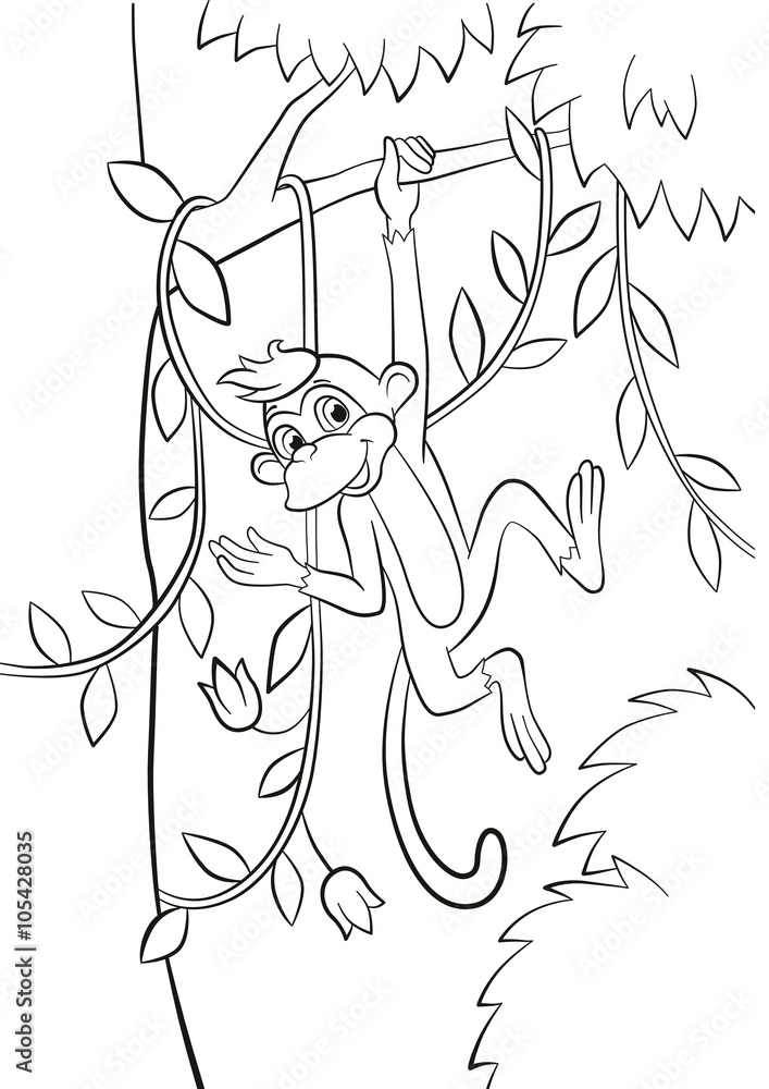 Obraz premium Coloring pages. Little cute monkey is hanging on the tree banch in the forest and smiling.