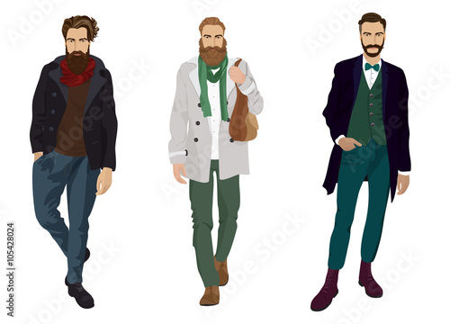 Handsome young guys with hipster beards in fashion and casual clothes isolated.