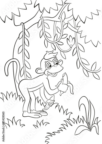 Coloring pages. Little cute monkey is eating banana in the forest. Its smiling and happy