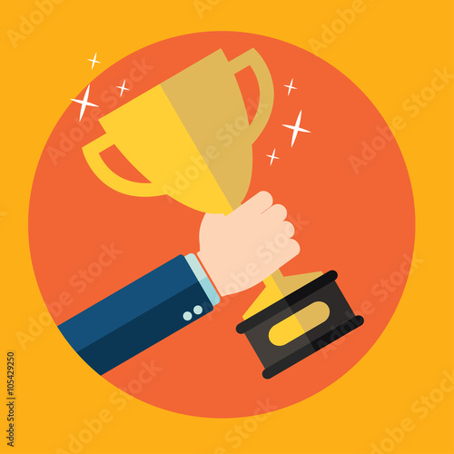 Vector illustration with flat trophy and hand. First place and business aims concept background. Teamwork and company strategy.