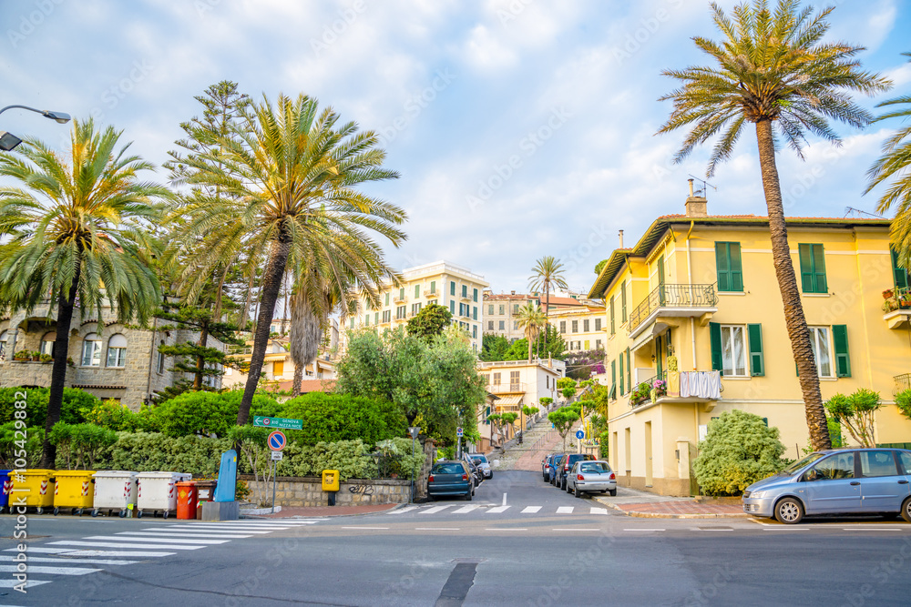 Amazing Bordighera in warm light before the sunset, up town, Italy