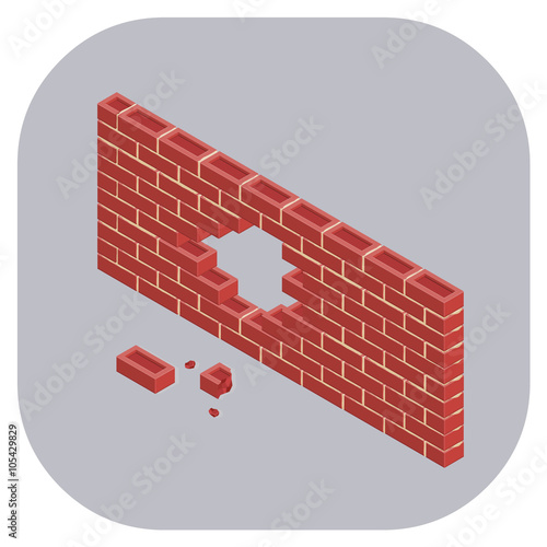 Isometric vector illustration icon of broken red brick walls 
Physical security breach or cyber hacking concept.
Construction architecture building concept.