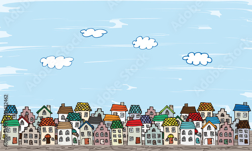 Hand-drawn illustration of a European-style townscape