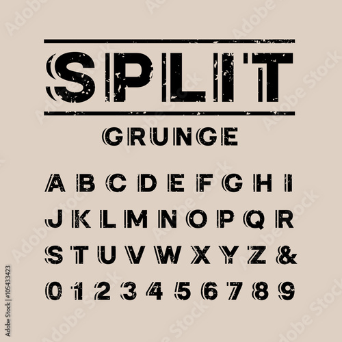 Grunge font. Vector alphabet with split effect letters and numbe