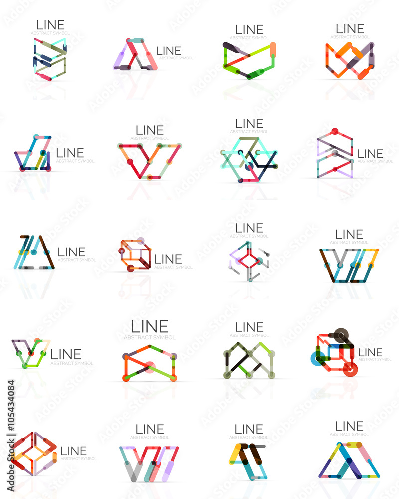 Set of linear abstract logos, connected multicolored segments lines in geometrical figures Set of linear abstract logos, connected multicolored segments lines in geometrical figures