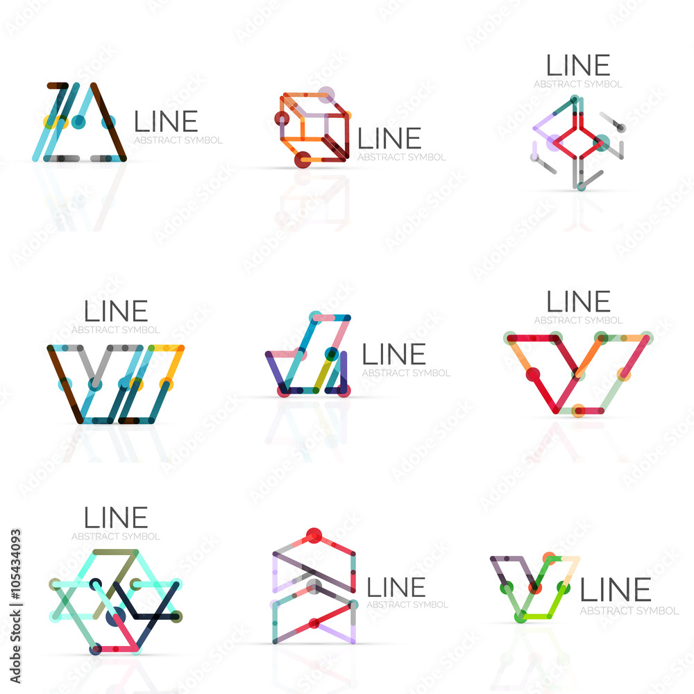 Set of linear abstract logos, connected multicolored segments lines in geometrical figures Set of linear abstract logos, connected multicolored segments lines in geometrical figures