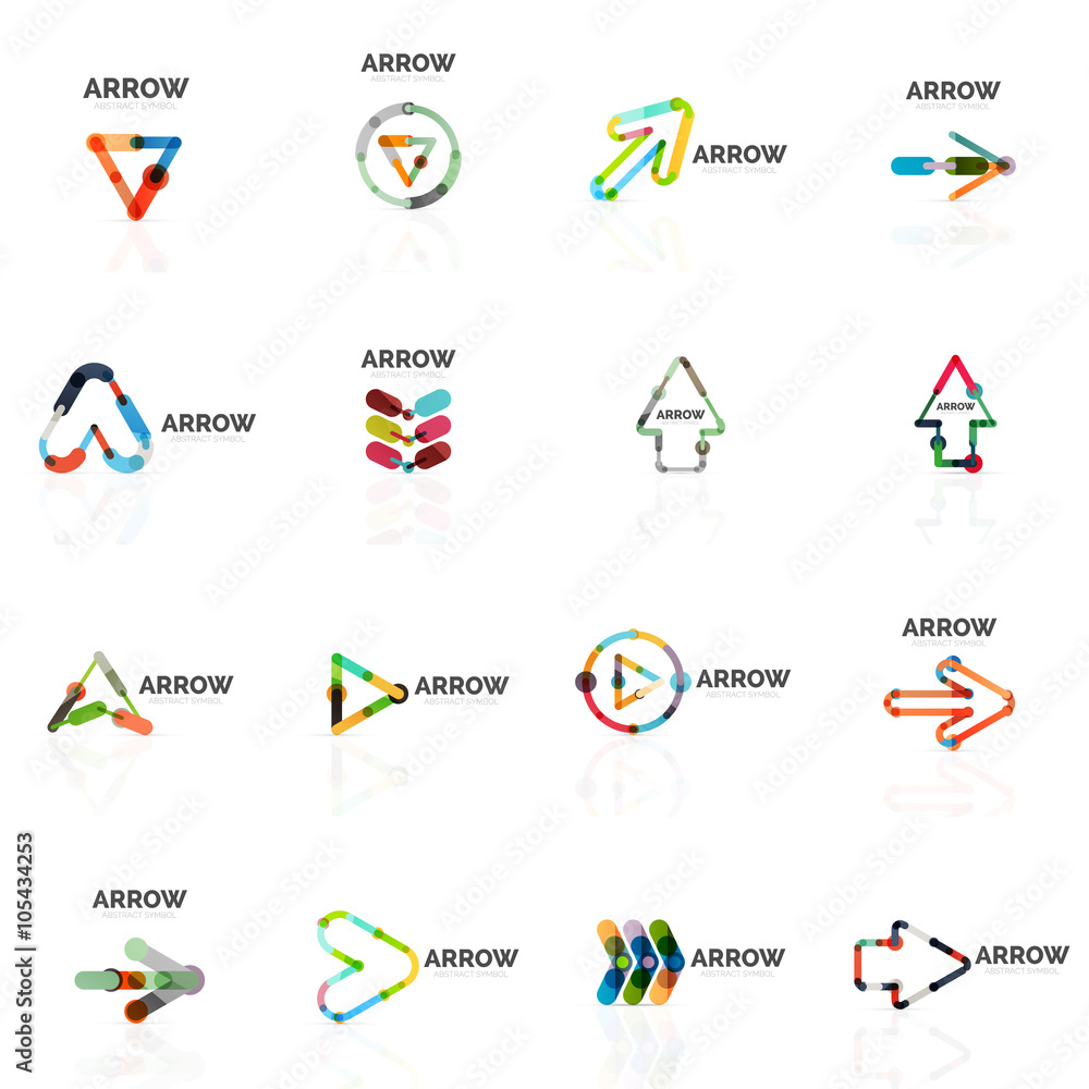 Set of linear arrow abstract logos, connected multicolored segments lines in directional pointer figures Set of linear arrow abstract logos, connected multicolored segments lines in directional pointer figures