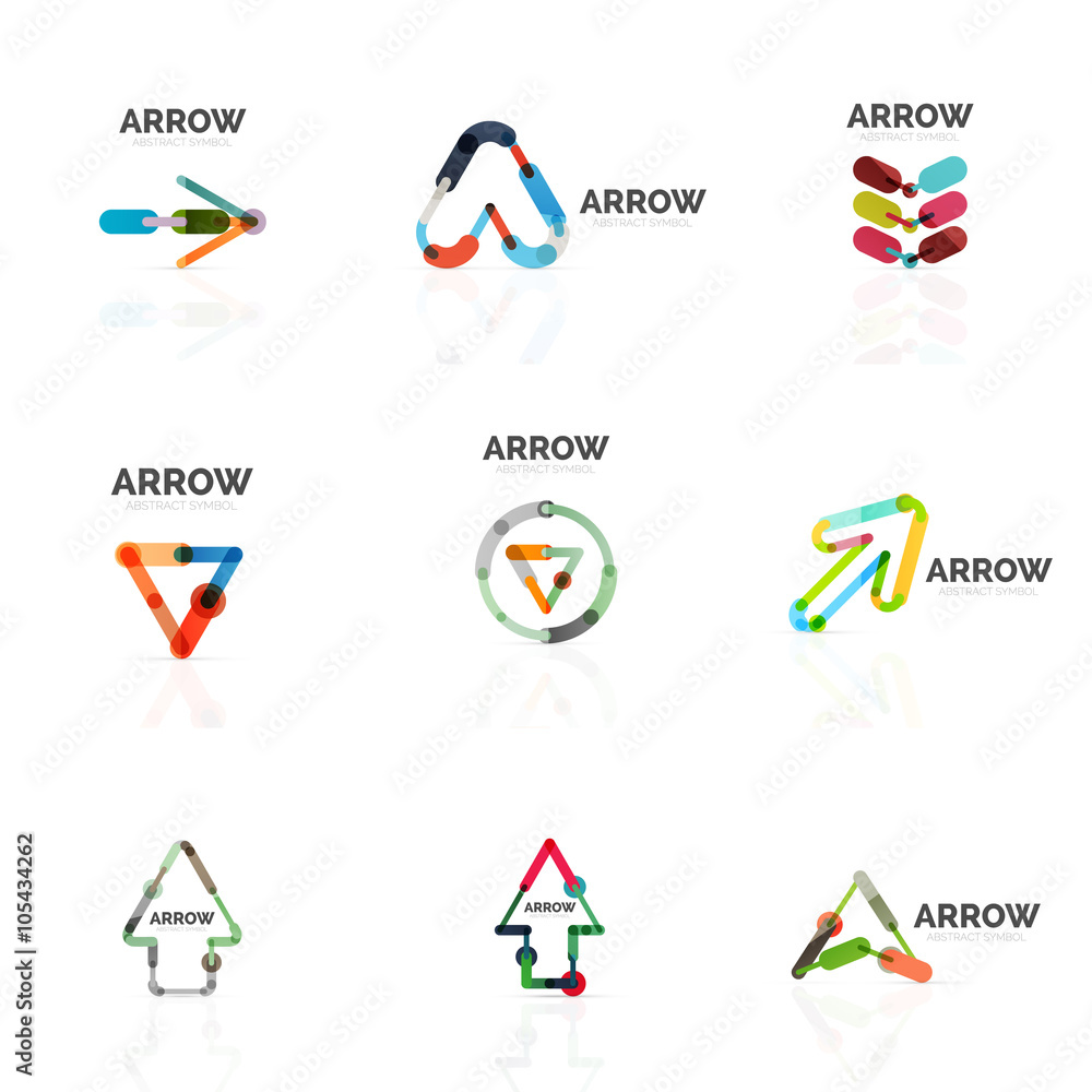 Set of linear arrow abstract logos, connected multicolored segments lines in directional pointer figures