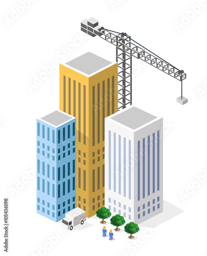 Industrial construction isometrics in the big city skyscrapers under construction, houses and buildings