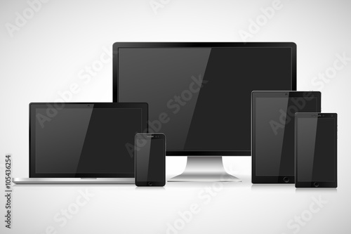 Set of realistic computer monitor, laptop, tablet and mobile phone with empty screen. Various modern electronic gadget isolated on white background. Vector illustration EPS10