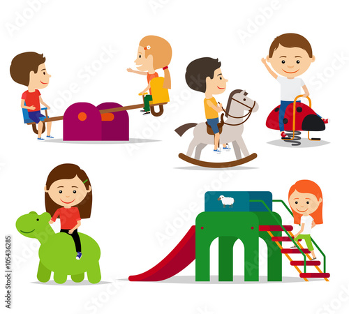Kids playing at playground, sliding and swinging. Vector illustration