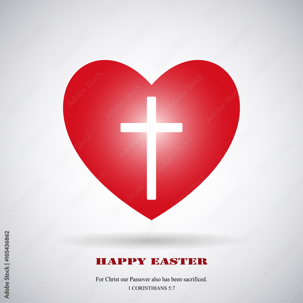 Happy Easter. Red Heart with a Cross on it words from the Bible. Vector Illustration isolated on White Background. EPS10 Happy Easter. Red Heart with a Cross on it words from the Bible. Vector Illustration isolated on White Background. EPS10