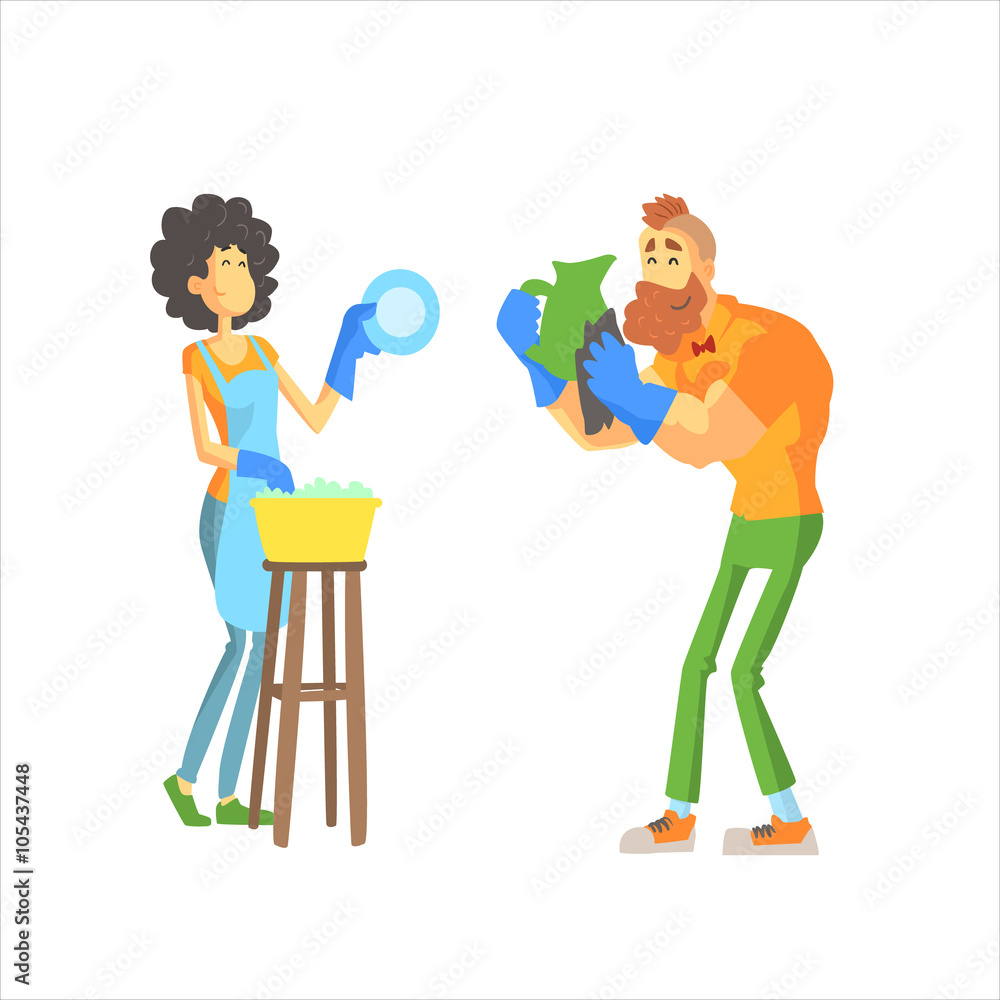 Fototapeta premium Couple Washing Dishes Together